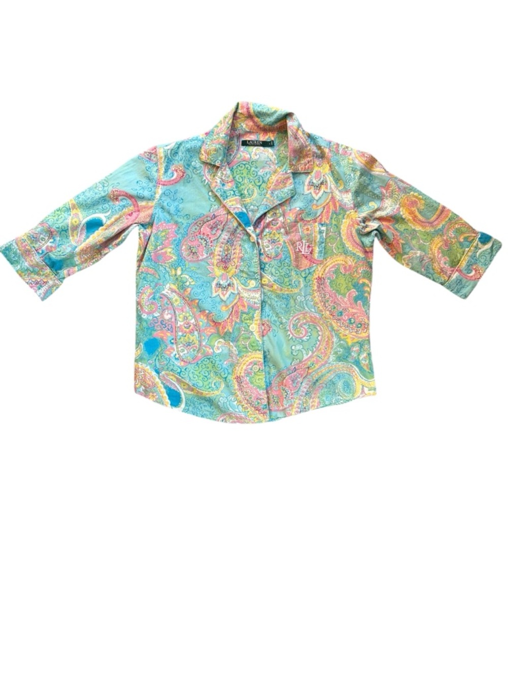 LRL Embroidered Paisley Sleep Shirt L Pajama Top Lightweight 100% Cotton Boho
